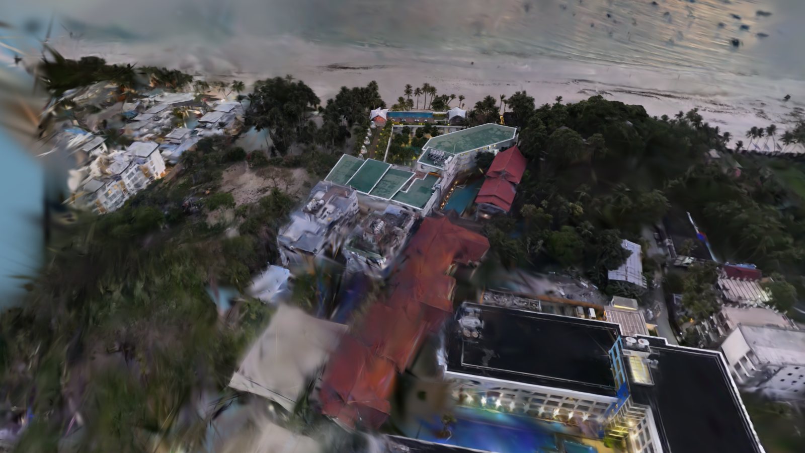 Gaussian splat render, low oblique view towards the beach
