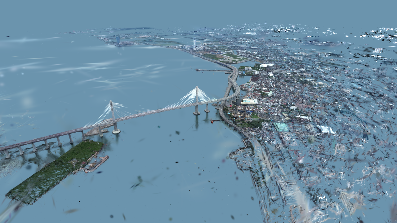 CCLEX cable-stayed bridge between Cebu and Mactan, rendered from a Gaussian splat