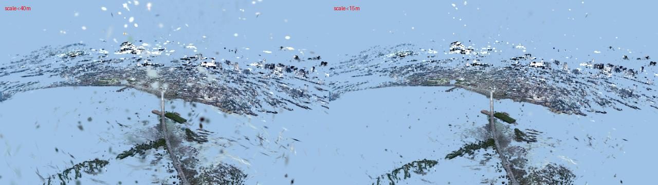 Two renders comparing 40 m and 15 m splat-size limits