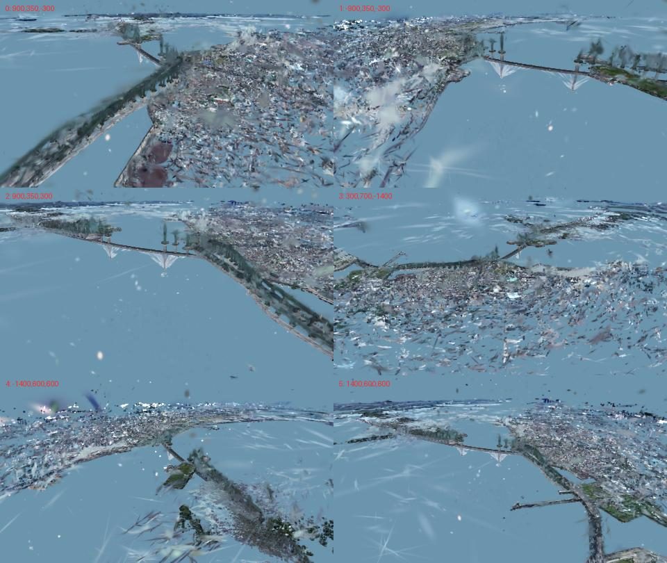 Six renders of the mirror-image scene