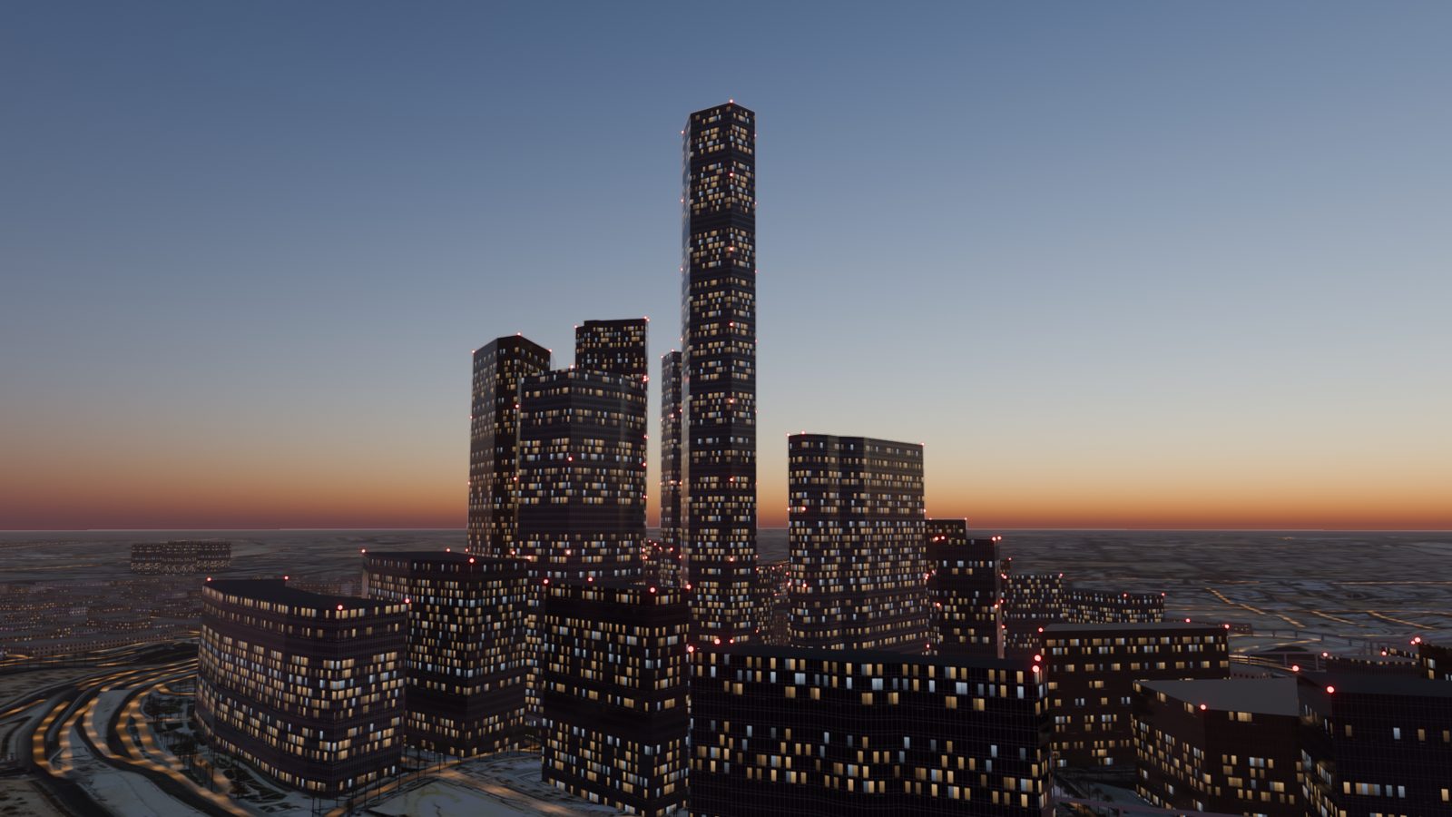 مركز الملك عبدالله المالي (كافد) · Blender · برج صندوق الاستثمارات العامة عند الغسق