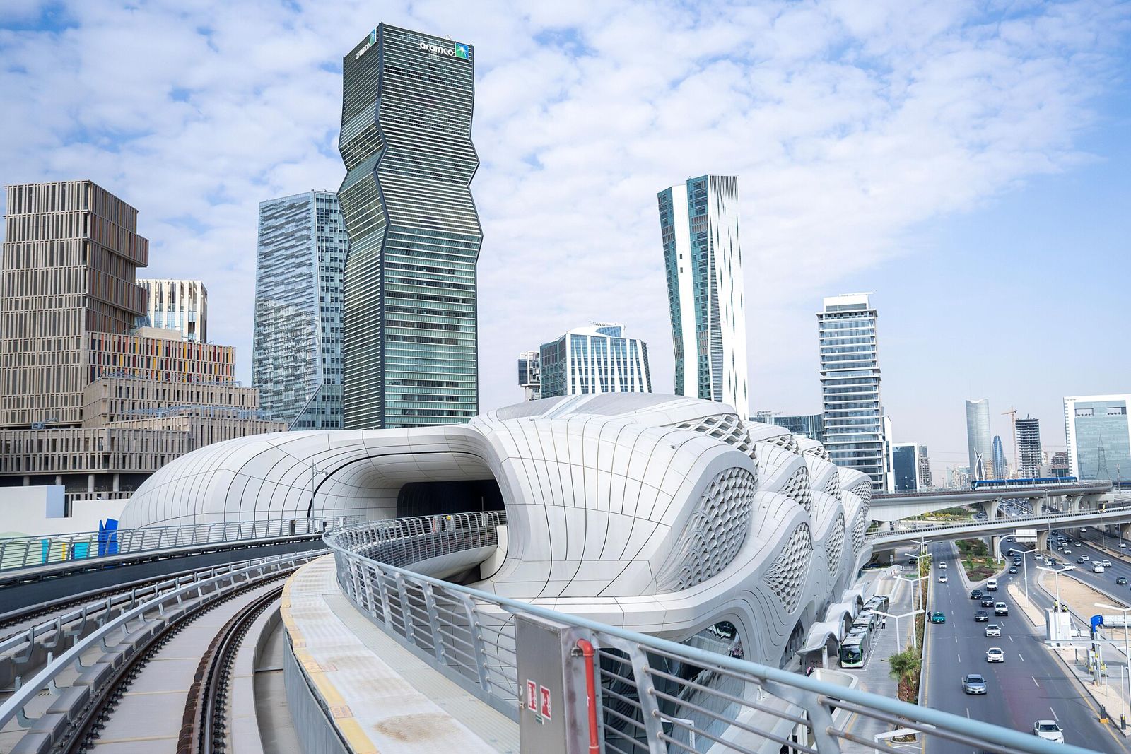 Riyadh Metro viaduct with KAFD towers