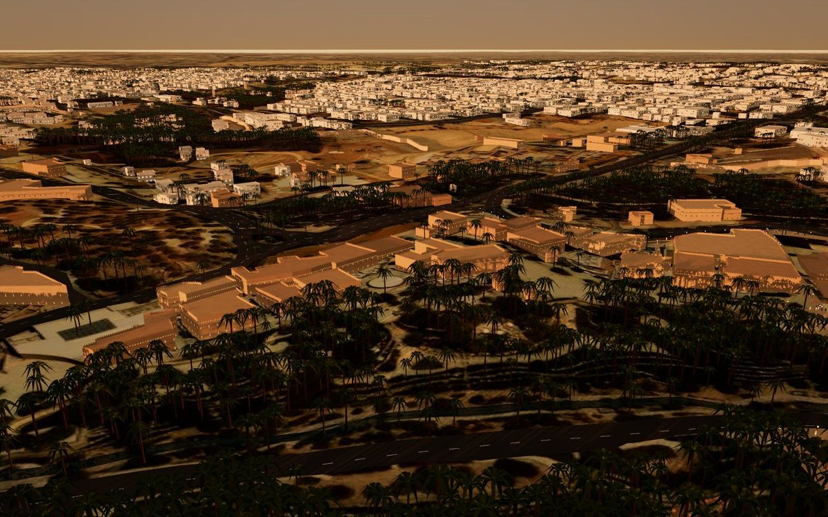 At-Turaif and Wadi Hanifah palm groves at golden hour in the 3D twin