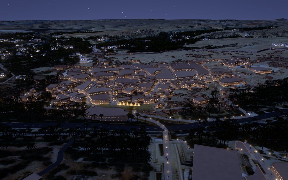 At-Turaif at night in the 3D twin with lit mud-brick buildings