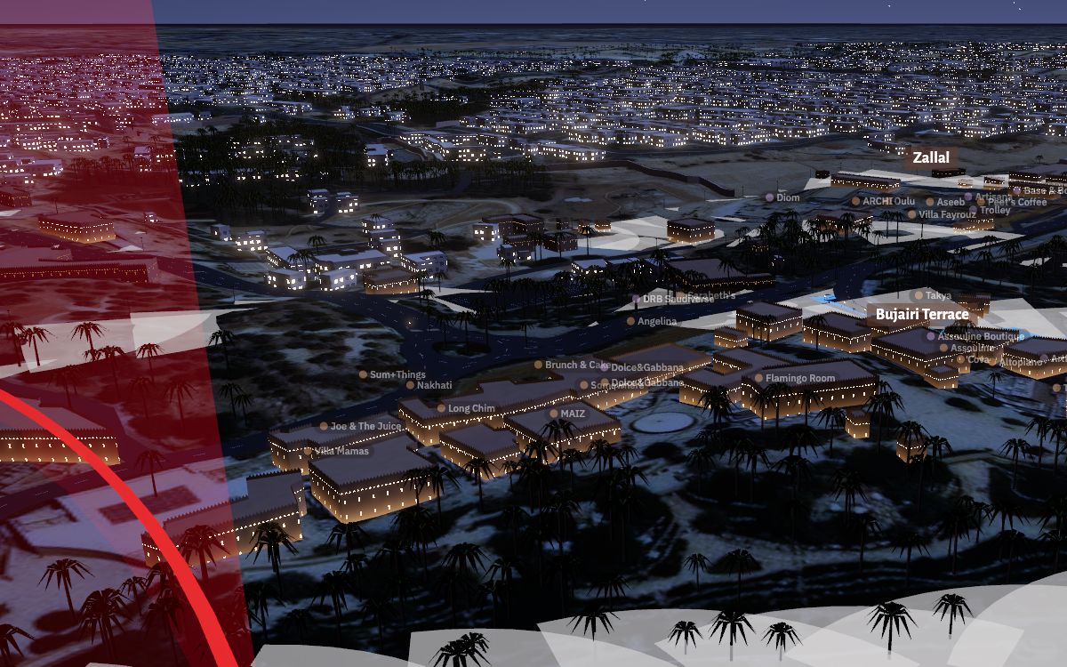 Security mode over Bujairi Terrace at night: restricted zone and camera placeholders