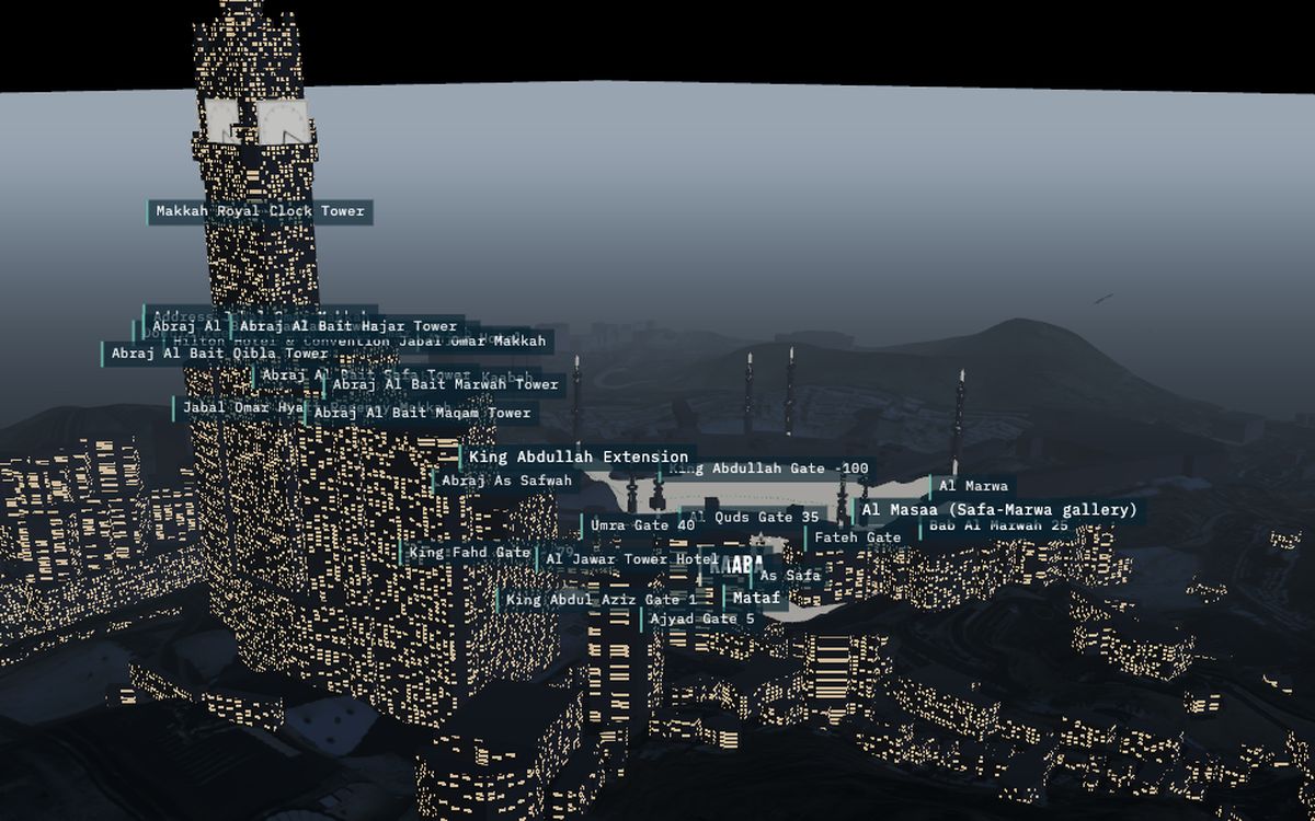 Masjid al-Haram and the Makkah Royal Clock Tower at night in the 3D twin