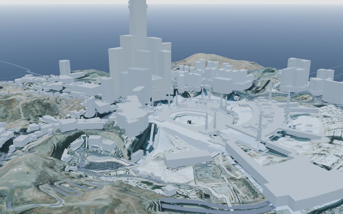 Blender render of Masjid al-Haram and the Clock Towers from the south
