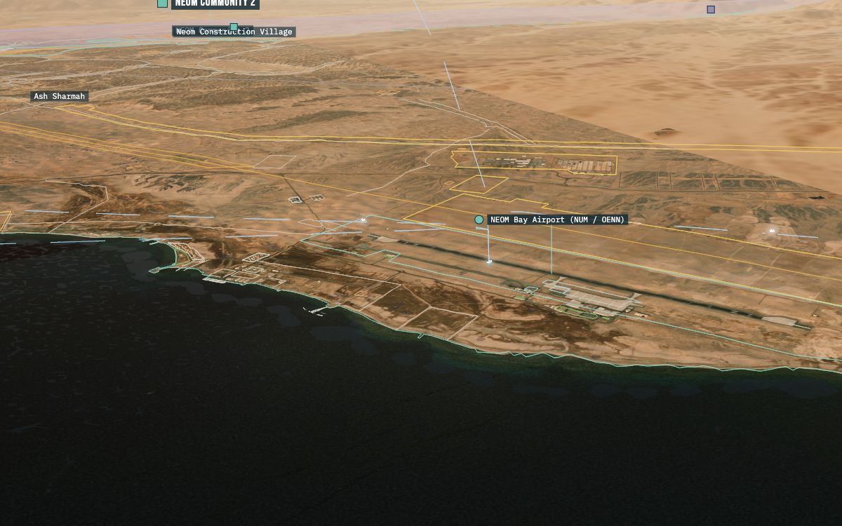NEOM Bay Airport and the Gulf of Aqaba coast at golden hour in the 3D twin