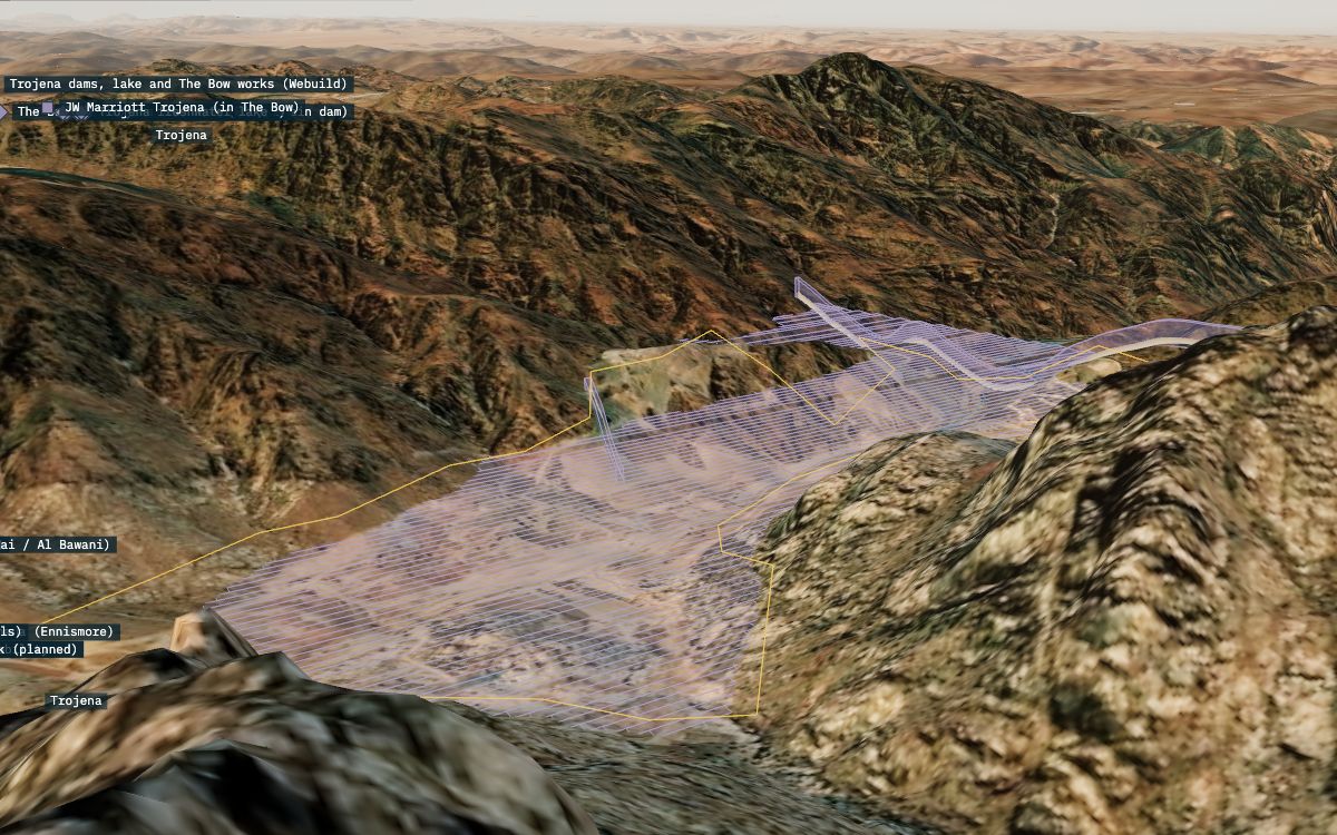 Trojena valley with the lake and dam envelopes in the 3D twin
