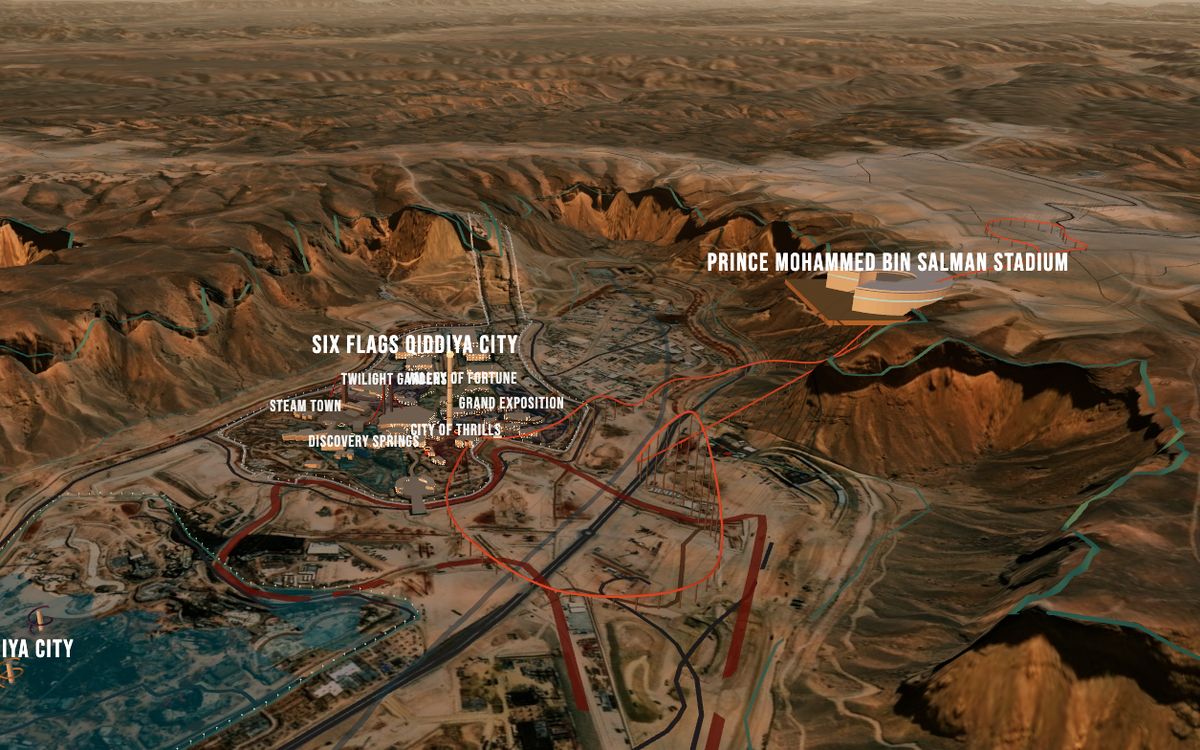 Six Flags Qiddiya City and the Tuwaiq escarpment at dusk in the 3D twin
