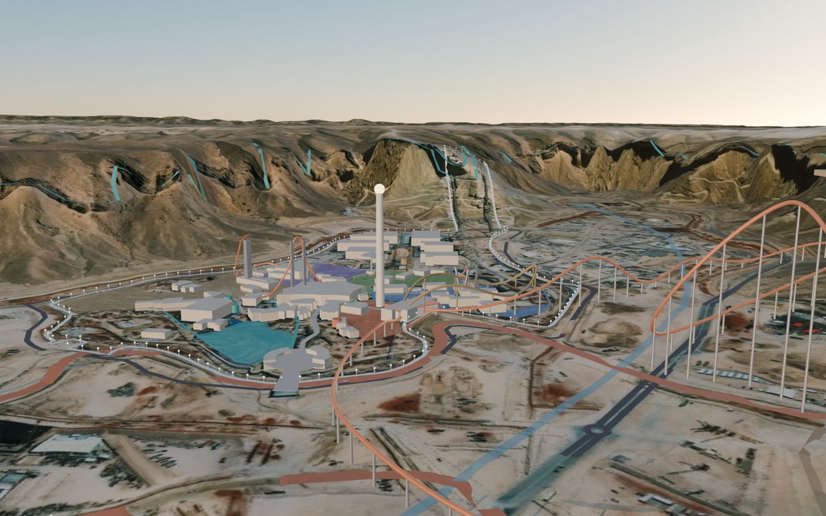 Blender render of Six Flags Qiddiya City with the Falcons Flight track