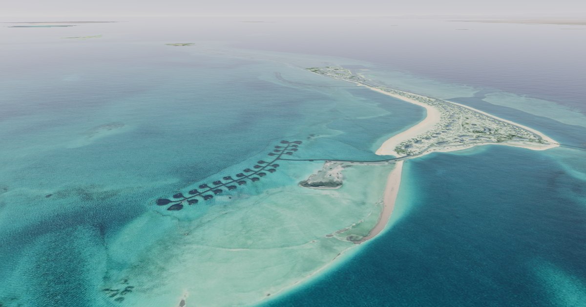The St. Regis Red Sea Resort overwater villas at Ummahat Al Shaykh in the 3D twin