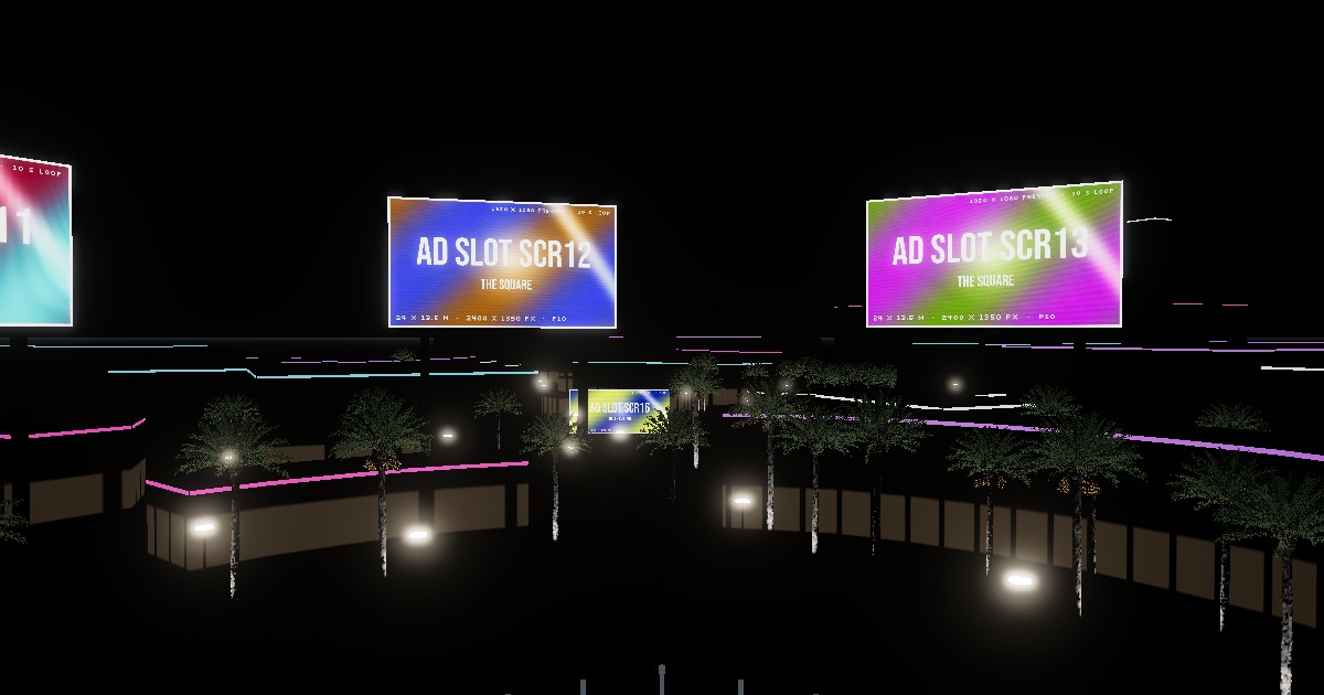 Boulevard Riyadh City at night in the 3D twin: two 24-metre LED screens over The Square, lit date palms and promenade lights