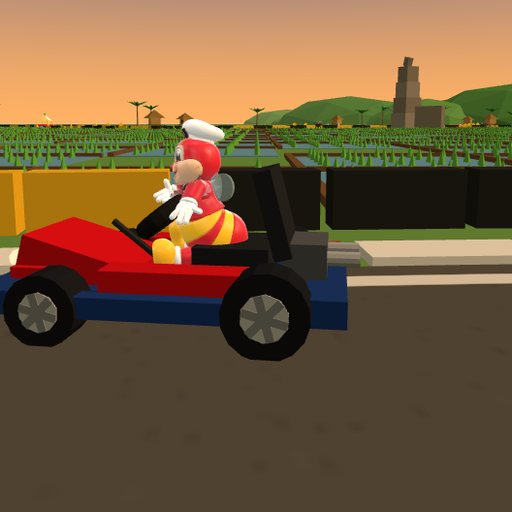 Jollibee in his kart below Mayon Volcano