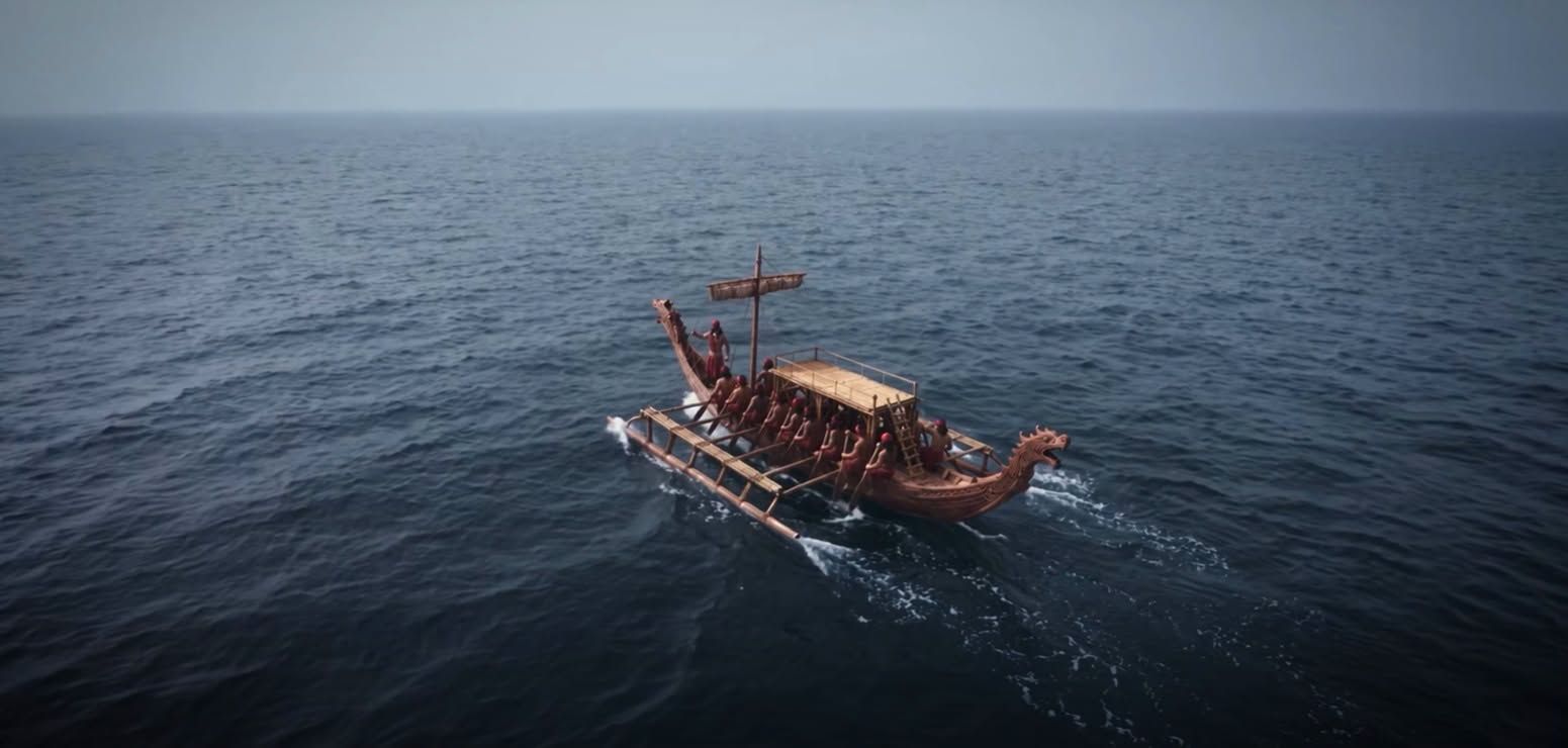 A karakoa warship under oars on the open sea, its rowers in red