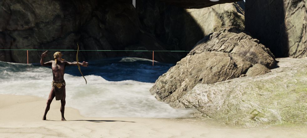 An early Unreal Engine 5 test scene: a bowman drawing on the beach beside rocks and surf