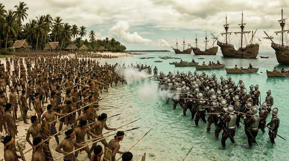 Concept art: the warriors of Mactan on the beach and the Spanish in armour in the reef shallows