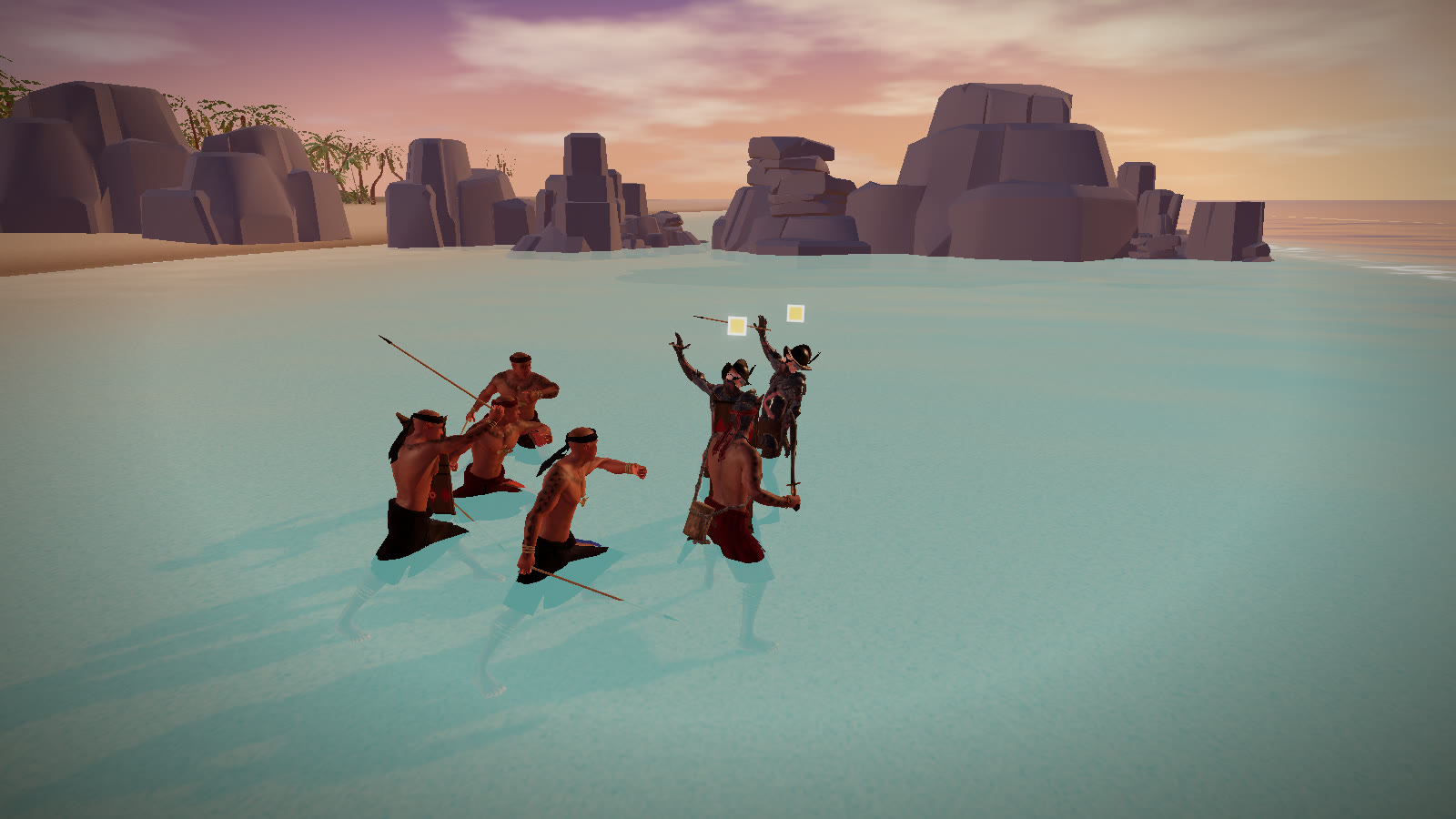 In the browser game: the warriors of Mactan close on two staggered Spaniards in the shallows