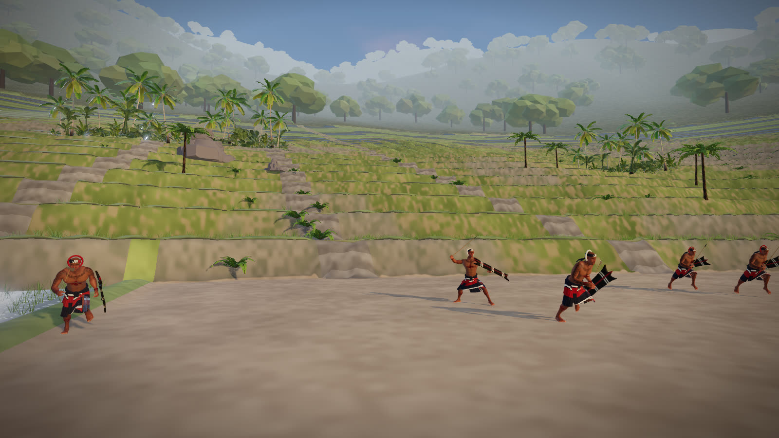 In the browser game: highland warriors with pronged shields run down onto the yard below the rice terraces