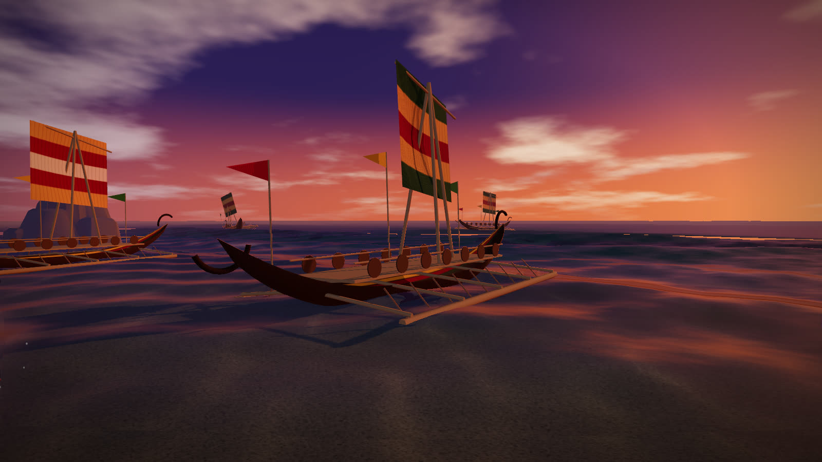 In the browser game: outrigger warboats with striped sails come in over the reef at dusk