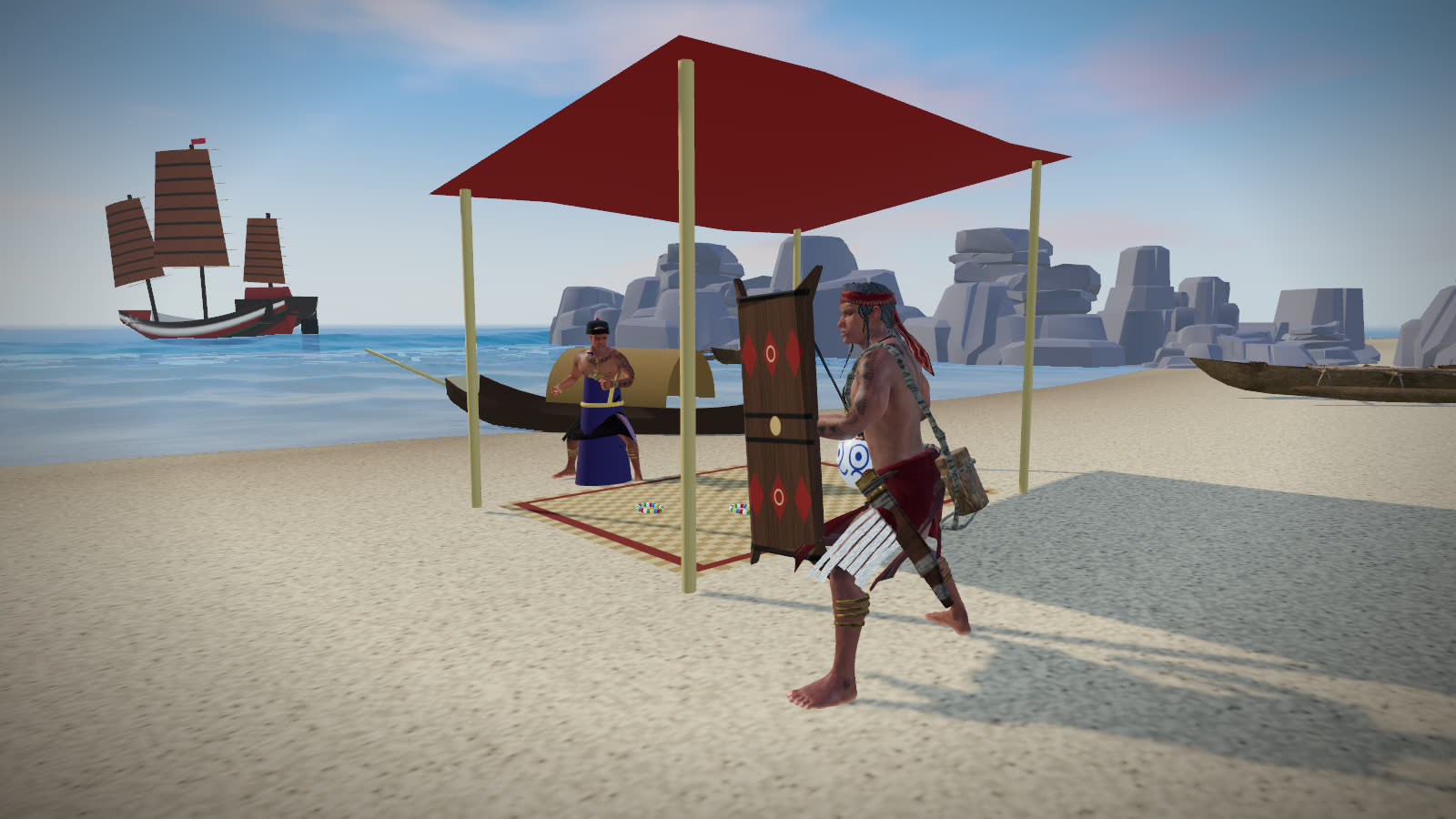 In the browser game: Lapu-Lapu at a merchant's stall on the beach, a junk at anchor behind