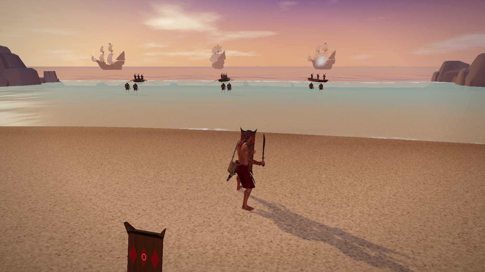In the browser game: Lapu-Lapu on the sand as the Spanish landing party wades in from the boats