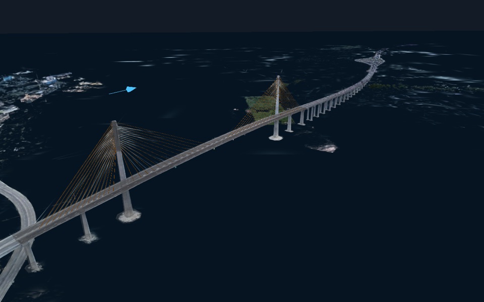 The CCLEX cable-stayed bridge as a Gaussian-splat reality capture, its two towers and stay cables over the Mactan Channel