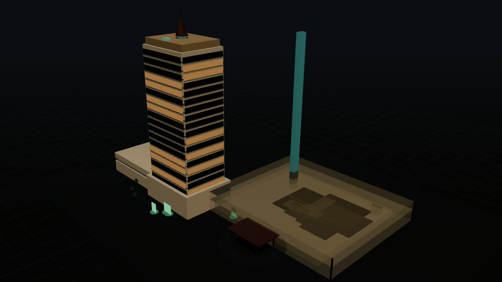 Waterfront Cebu as a schematic 3D model: the hotel tower, its podium and the convention wing