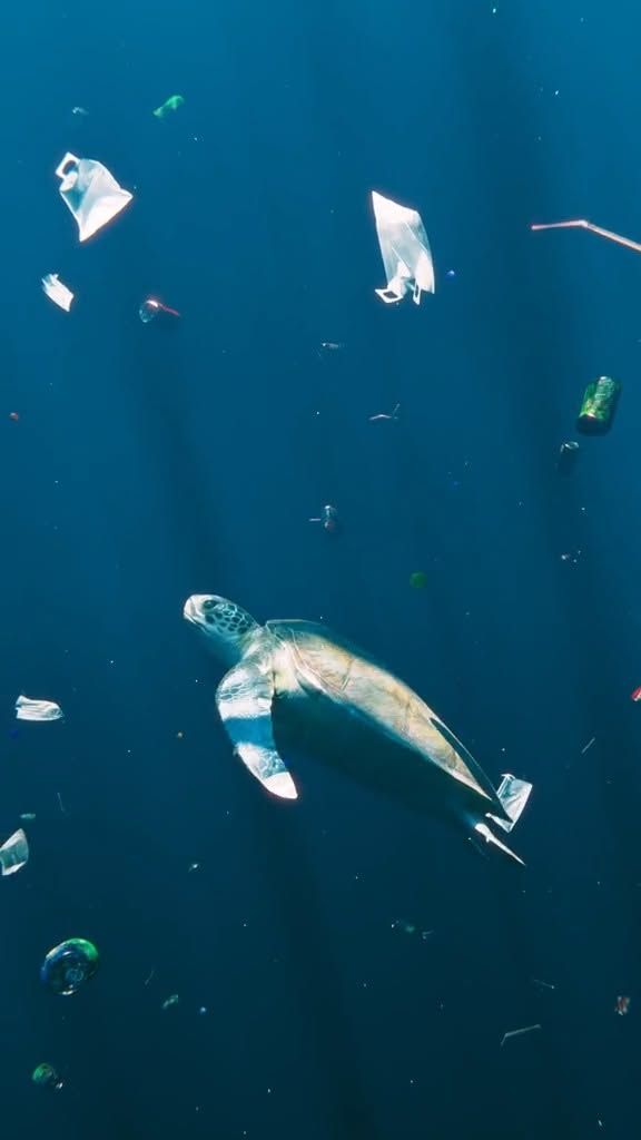 A sea turtle swimming among floating plastic, a 3D scene