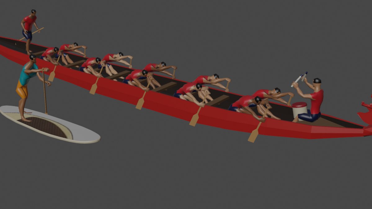 The dragon boat crew and the stand-up paddle boarder, the game models on a grey studio background
