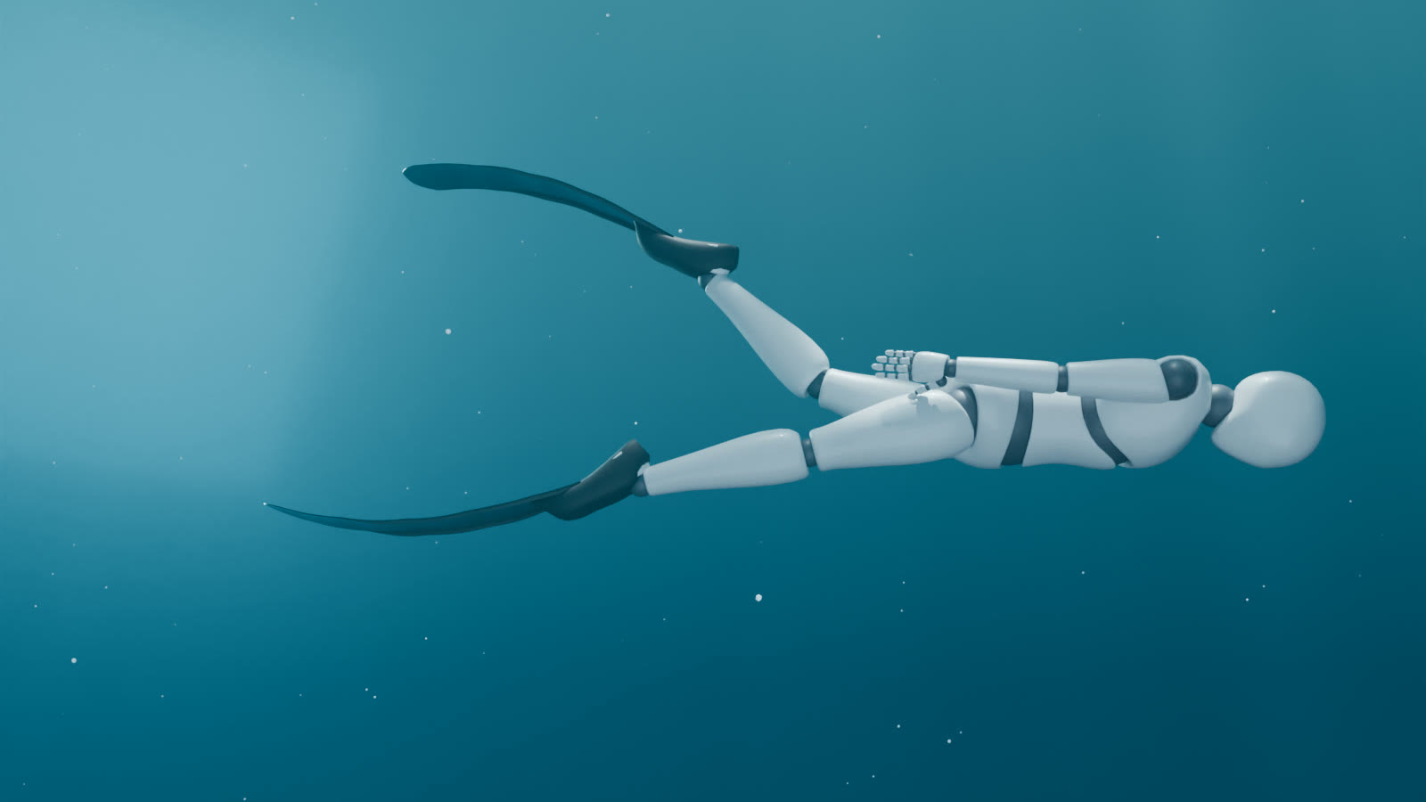 The freediver kicking on long carbon fins in blue water, rendered in Blender Cycles