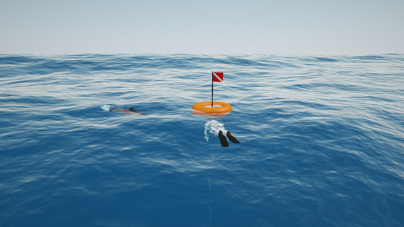 A competition buoy with a dive flag riding the swell, two freedivers breathing up beside it