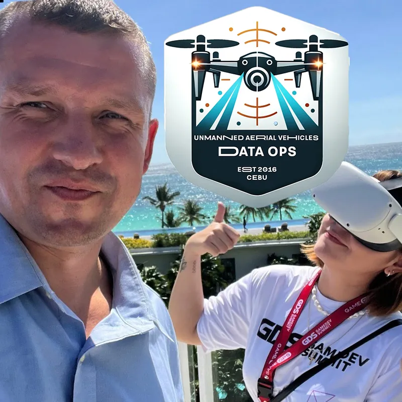 Bart Sakwerda on a beach in Cebu with the Aerial Data Ops badge