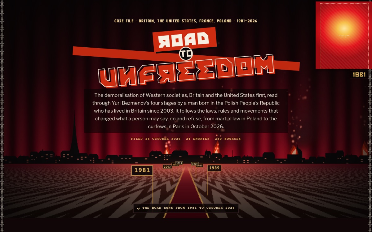 Road to Unfreedom title over a red theatre curtain and a road running to a city skyline