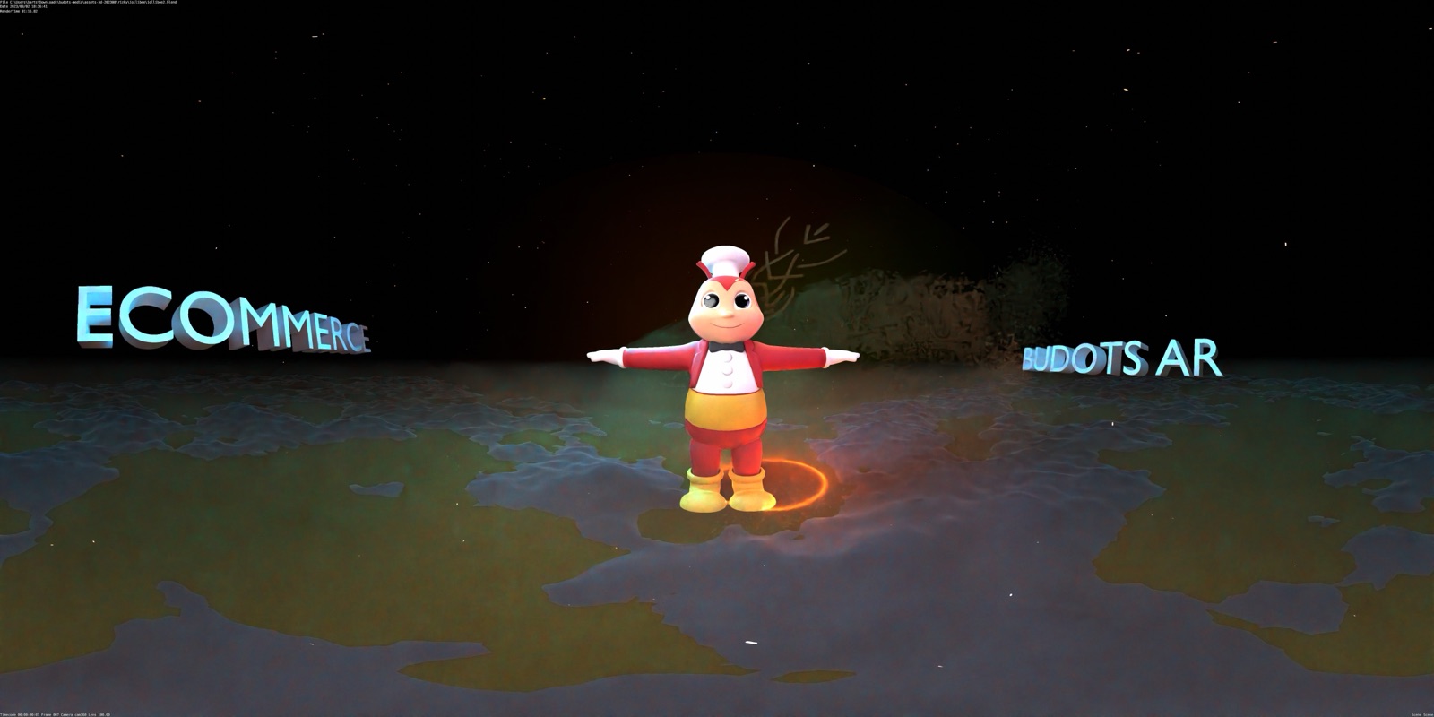 Equirectangular 360 render of Jollibee between the words ECOMMERCE and BUDOTS AR