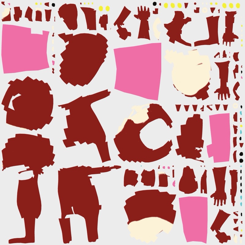 The model's texture atlas: red jacket pieces, cream face, flat pink blocks