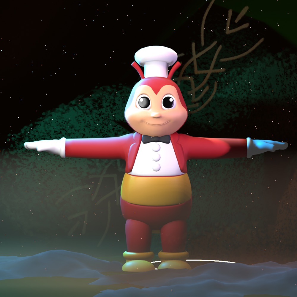 Render of the 2023 Jollibee model in a T-pose under stars