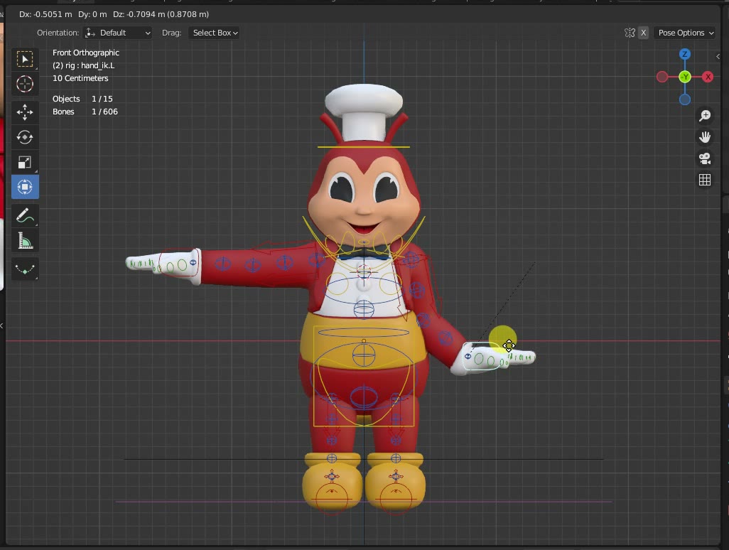 Blender viewport showing the model's rig controls