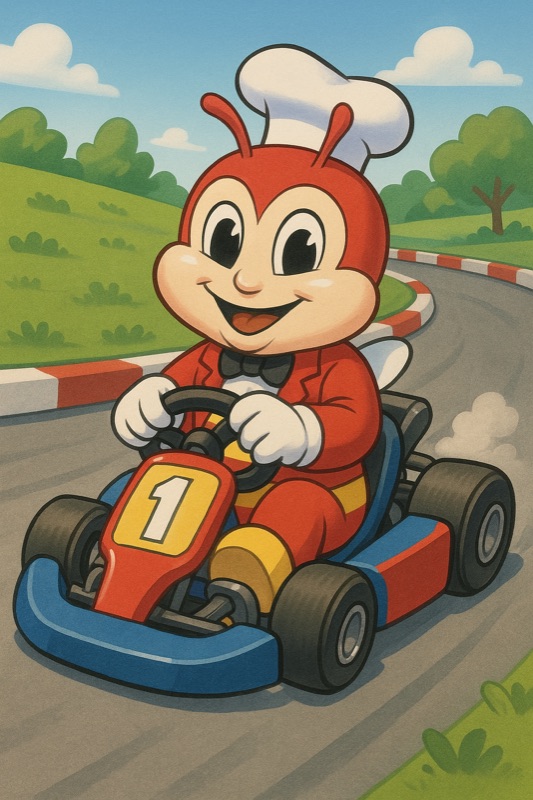Cartoon of Jollibee driving a go-kart