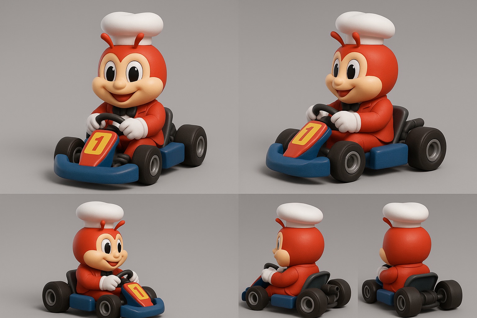 Five views of a toy-like Jollibee in a go-kart
