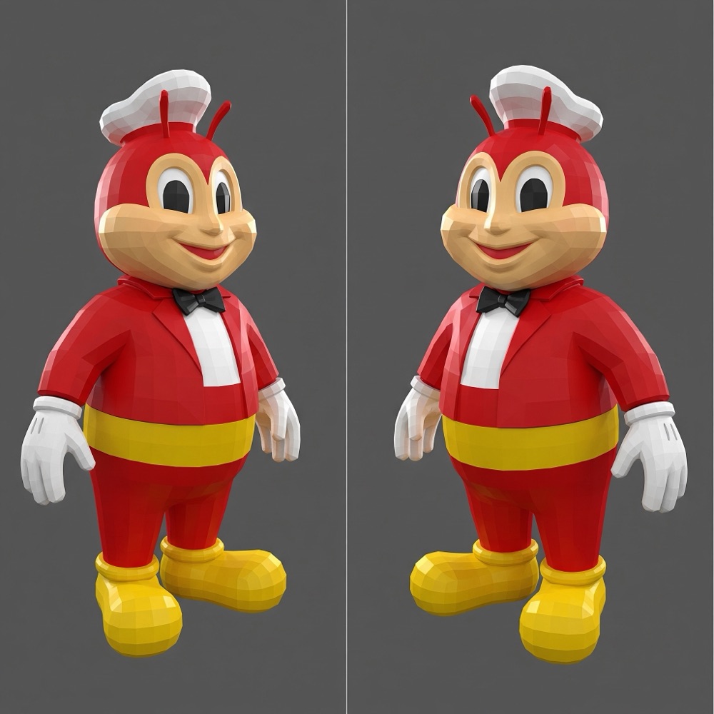 Gemini-generated image of a low-poly Jollibee, two views