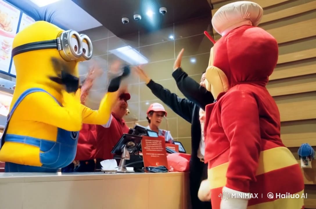 AI video still: Jollibee costume mascot and a Minion at a counter