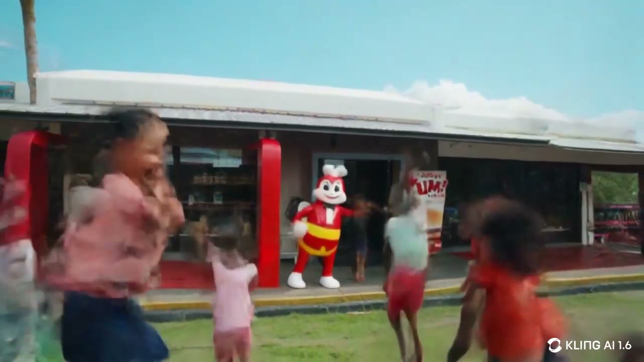 AI video still: children running past a Jollibee store and statue