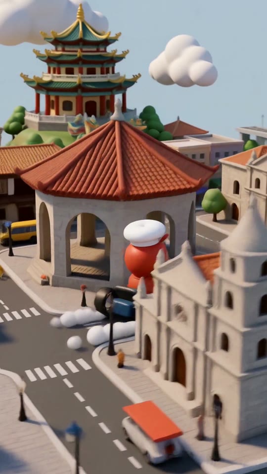 Video still: Jollibee in a kart on an isometric Cebu track