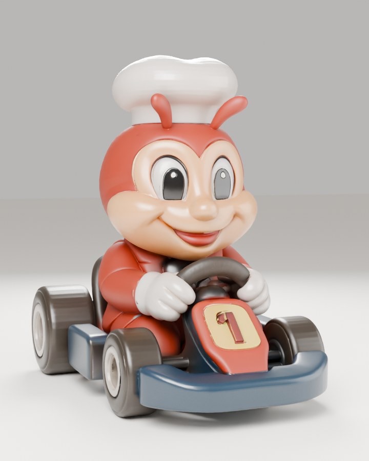 An AI-generated Jollibee sitting in a go-kart