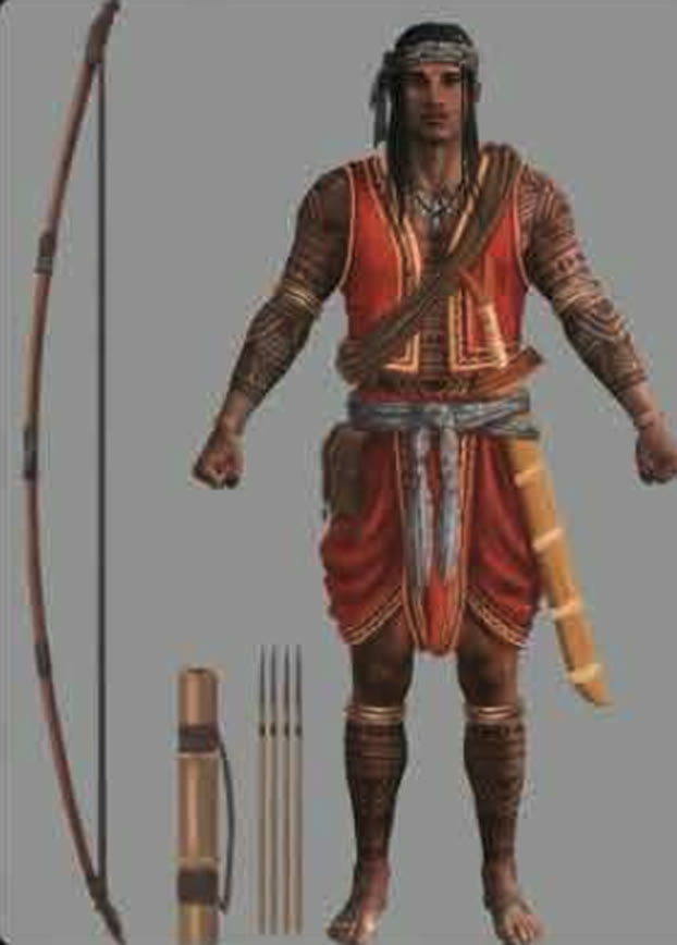 2024 AI-generated character sheet of a Visayan warrior with a bow, arrows and a bolo