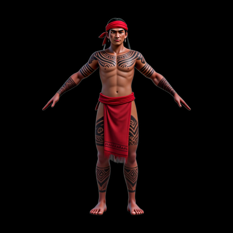 2026 AI concept of a tattooed Visayan warrior in a red headcloth and loincloth, standing in an A-pose