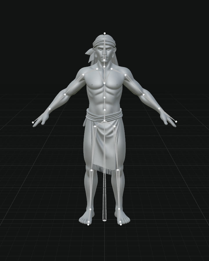 The warrior's 3D mesh in grey clay with an automatic skeleton drawn over it