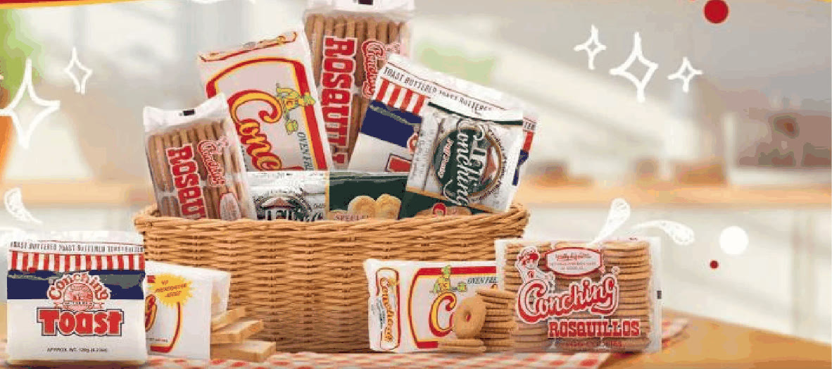 Wicker basket of Conching toast and rosquillos packs on a kitchen table