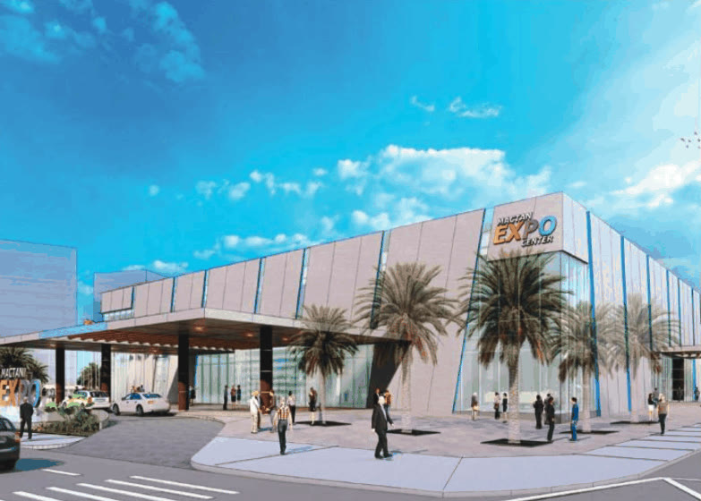 Render of the Mactan Expo Center facade with palm trees and drop-off area
